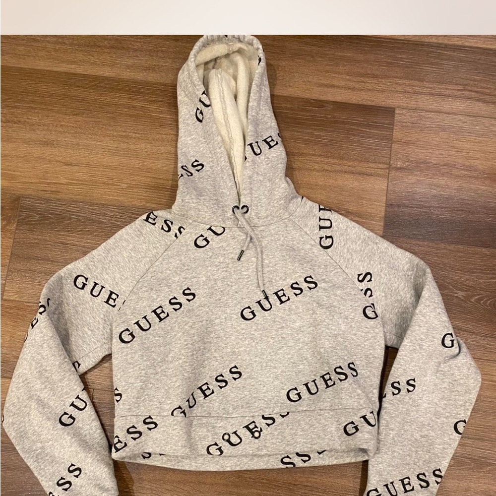 GUESS Heather Gray Logo Hoodie cropped top Sweater
